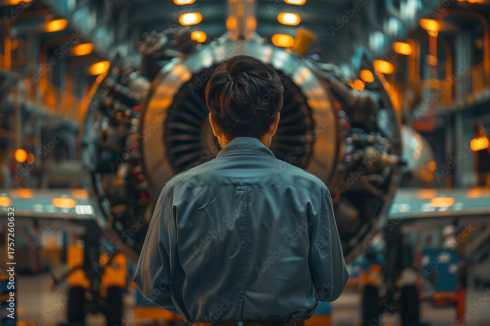 Obraz premium 航空機整備工場でエンジンを点検する日本人整備士の後ろ姿