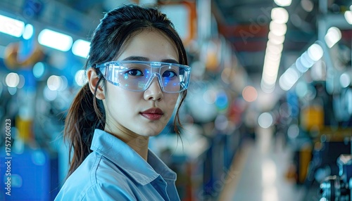 Focused Female Industrial Worker in Blue Shirt and Safety Glasses