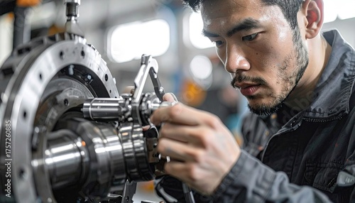 Focused Male Technician Inspecting Industrial Machinery