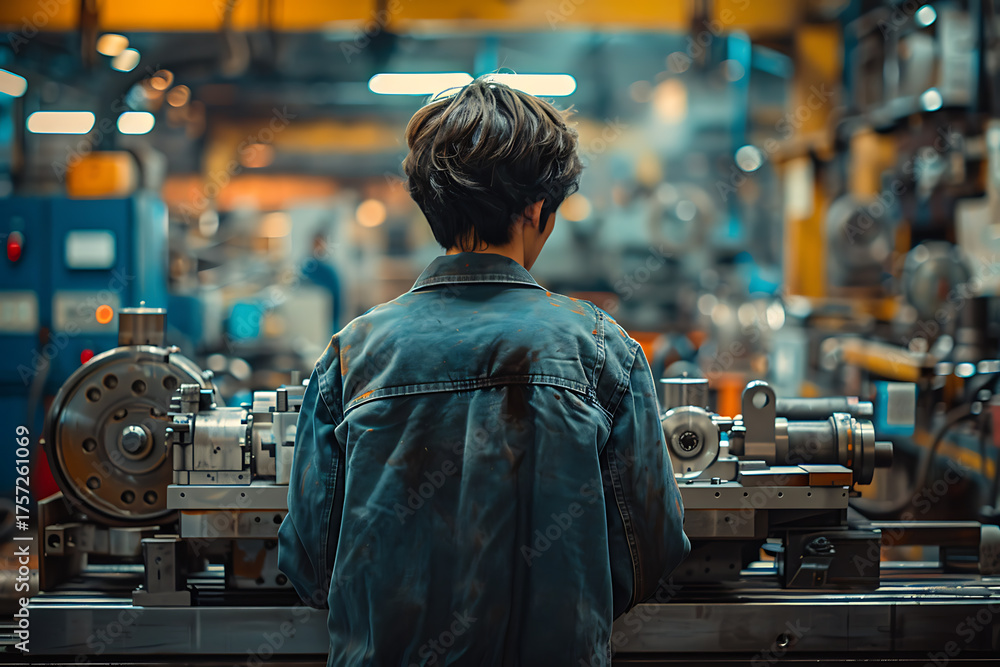 Naklejka premium 精密工作機械を操作する日本人技術者の後ろ姿と工場の現場風景
