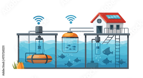 Sustainable aquaponics system illustration showing fish farming and hydroponics connected to a house with solar panels, promoting eco-friendly living
