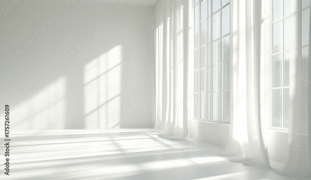 Fototapeta premium A bright, minimalist room with white walls and flowing curtains, showcasing soft shadows from large windows.