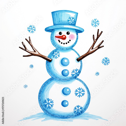 A funny children's drawing of a snowman wearing a hat with snowflakes.