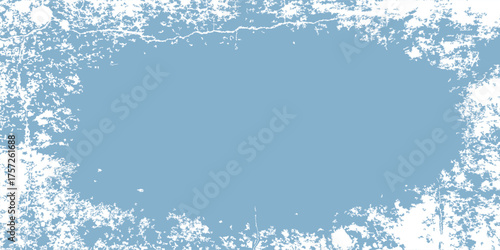 An ice overlay grunge frame with with snowy scratches and stains. Blue frosty window. Abstract bg with ice crystals. Vector illustration of frost effect. Skating surface texture