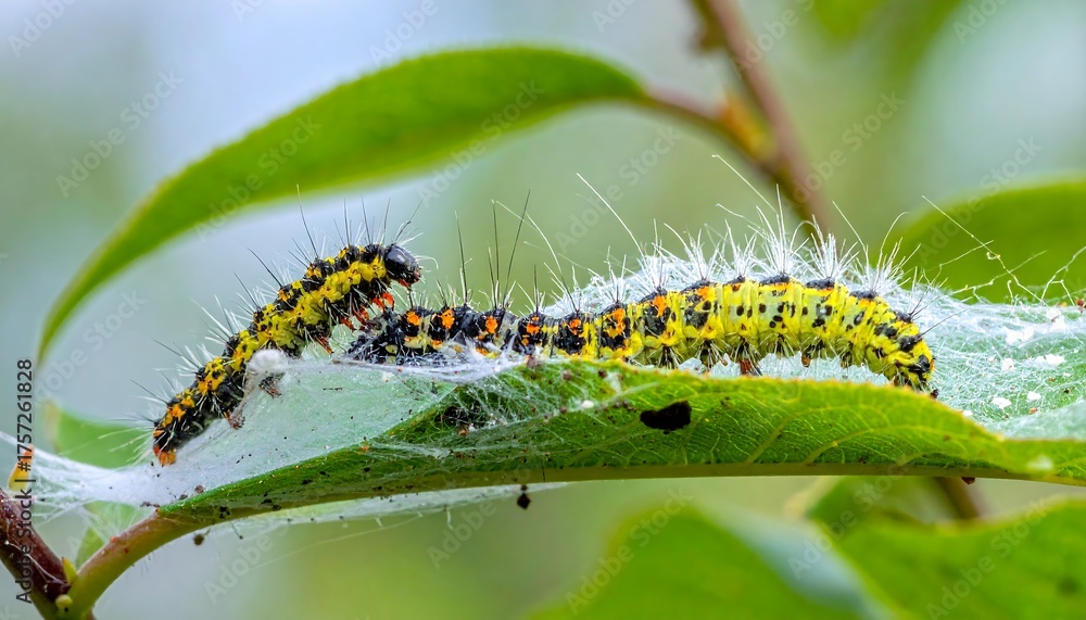 Fototapeta premium Close-up of two brightly colored caterpillars on a green leaf