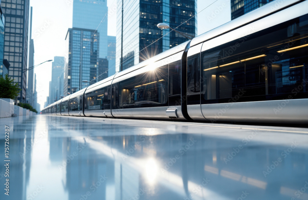 Fototapeta premium Modern cityscape with a sleek train moving through a bustling financial district