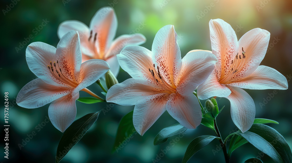 Fototapeta premium Close-up of elegant peach and white spotted lilies blooming gracefully in soft morning light against serene dark green garden background