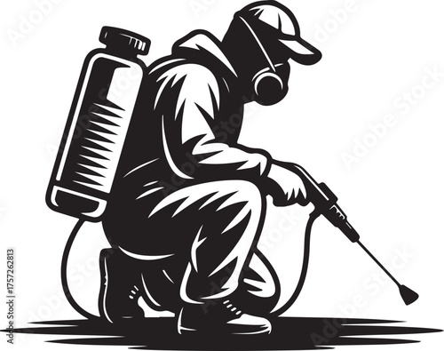 Pest Control Worker with Sprayer Black Silhouette