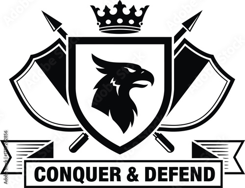 Heraldic emblem with eagle head crown and flags conquer and defend