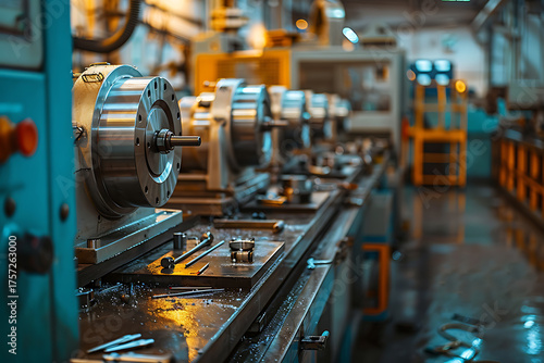 精密な金属加工を行う工作機械が並ぶクリーンな製造現場