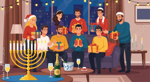 Joyful Hanukkah celebration with friends exchanging presents in a cozy home, sparkling menorah and champagne create a warm, festive atmosphere