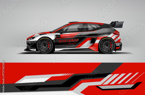 Red livery car wrap design with black and white geometric motion stripes. Delivered in editable vector EPS format.