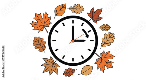 Autumn Time Change Illustration Clock Hands Turning Back Surrounded by Falling Leaves Symbolizing Daylight Saving Time Ending