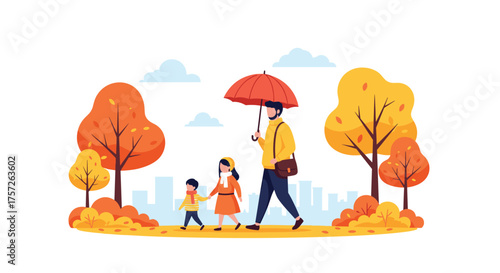 A peaceful autumn stroll with family through golden city park under a cozy umbrella, creating heartwarming memories and enjoying the colorful fall season