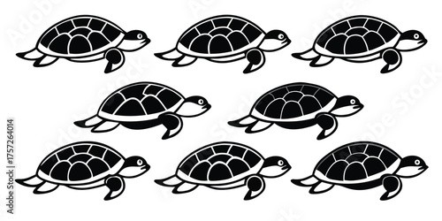 A playful pattern of nine black and white cartoon sea turtles swimming in a group