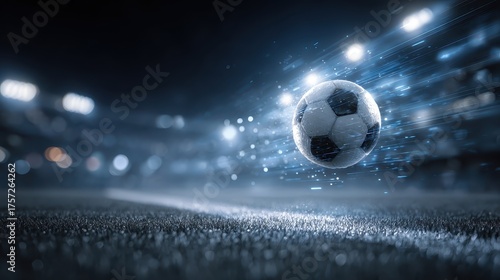 Realistic Soccer Ball in Motion on Field with Abstract Glow Effects