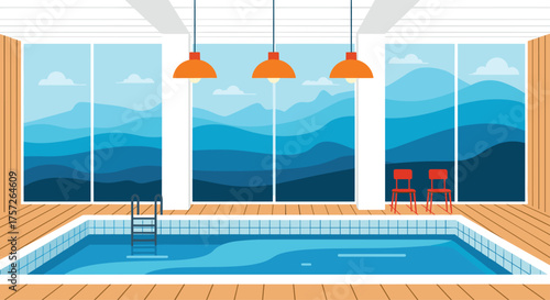 Relaxing indoor swimming pool with serene mountain views, perfect for wellness retreats and luxury lifestyle branding, capturing tranquility and recreation