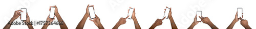 Hand holding smartphone with blank screen in mockup set. Black skin male using digital device for