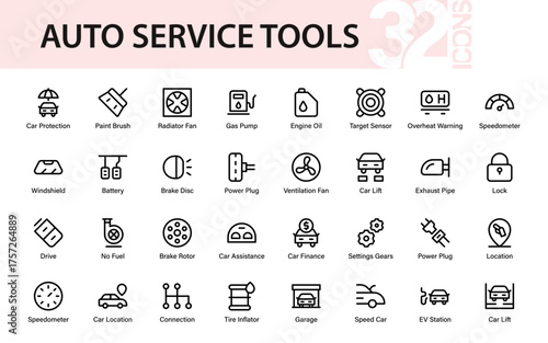 Auto Service Tools icons for car assistance, maintenance, diagnostics, and service, perfect for web, apps, and automotive-related designs.
