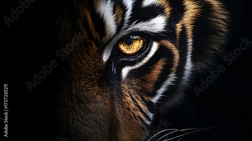 Striking  portrait presents the intense gaze of a big cat, showcasing the eye with detailed textures and warm, golden hues, set against a deep, shadowy backdrop that highlights the animal's powerful