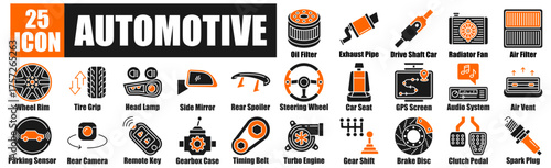 Automotive icon pack collection set for Oil Filter, Exhaust Pipe, Drive Shaft Car, Radiator Fan, Air Filter.