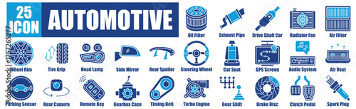 Automotive icon pack dual tone collection set Wheel Rim, Tire Grip, Head Lamp, Side Mirror, Rear Spoiler.