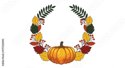 Festive autumn pumpkin wreath with vibrant fall foliage and berries creates a warm, inviting Thanksgiving or harvest season design element for celebrations