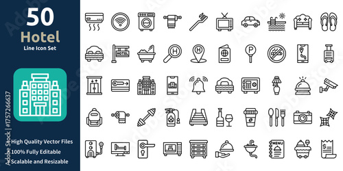 Hotel icon set in Outline style. Minimilist and trendy Icon set. Containing Icons,Air conditioner,Wifi,Washing machine,Towel,Toothbrush,and so on.
