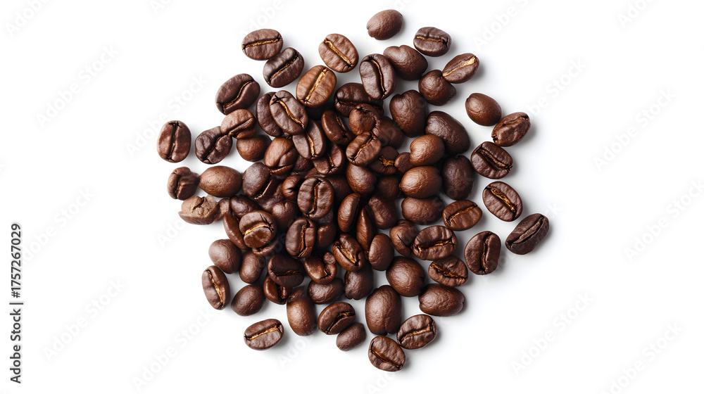 Obraz premium Pile of roasted coffee beans is isolated white background, showcasing their rich brown color and glossy texture. beans are scattered randomly, highlighting their natural shape and inviting aroma