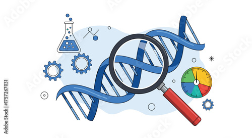 Advanced gene research with a magnifying glass, a lab flask, and scientific gear, ideal for scientific innovation, medical breakthroughs, and research