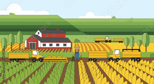 Charming farm scene showcasing harvest season with farmer in field, red barn, and trucks hauling crops - a vibrant illustration of rural life and agriculture