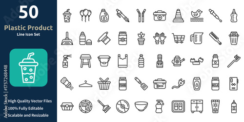 Plastic Product icon set in Outline style. Minimilist and trendy Icon set. Containing Icons,Plastic cup,Balloons,Detergent,Pen,Straws,First aid box,Traffic cone,and so on.