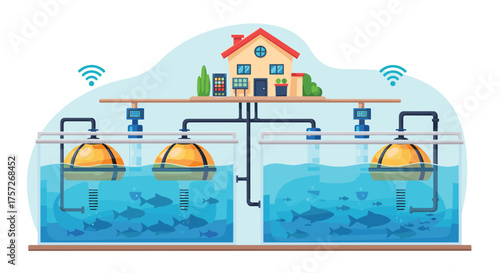 Modern smart home fish farm system with water recycling and monitoring, creating a sustainable and automated urban aquaculture solution for fresh food