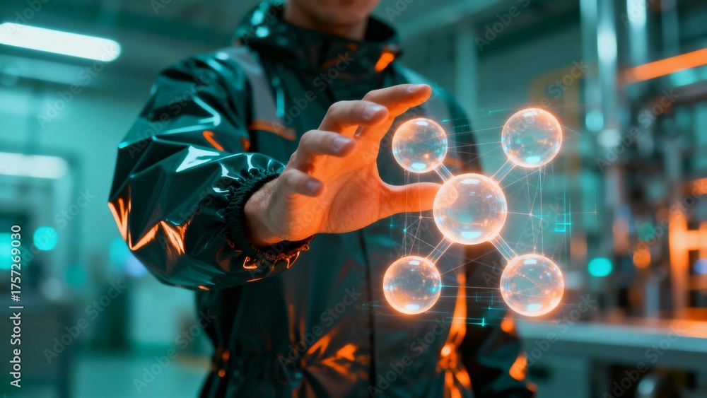 Obraz premium Professional in Protective Gear Interacting with a Glowing Digital Molecular Network, Representing Cutting-Edge Research, Data Visualization, and Future Scientific Breakthroughs in a Modern Lab