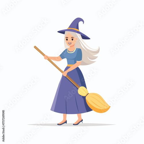 Cartoon illustration of a cheerful witch character with a broom on white background