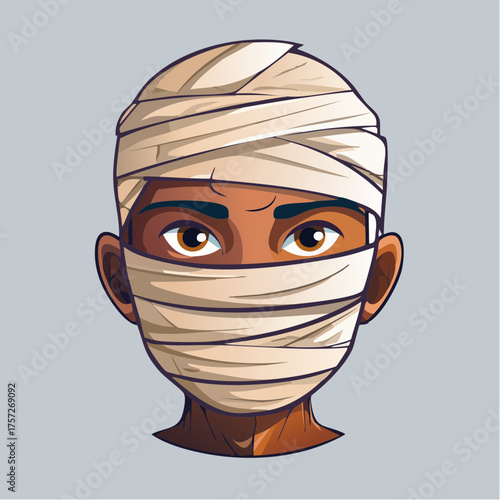 Cartoon illustration of a spooky mummy head isolated against a gray background