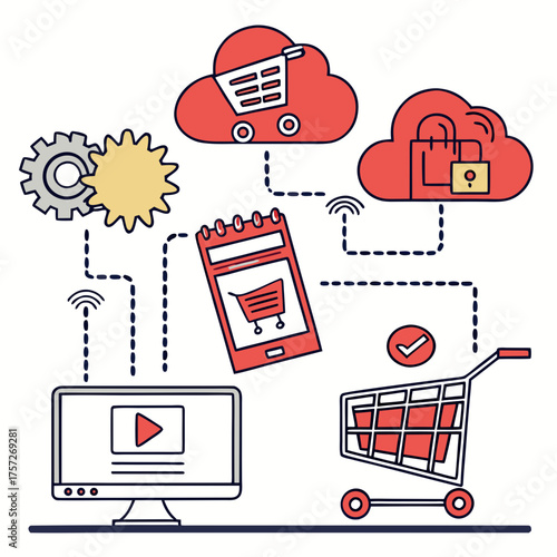 Creative vector illustration of e-commerce internet services and digital shopping technology