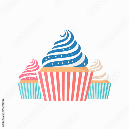 Charming vector illustration of three cupcakes with whimsical patterned frosting
