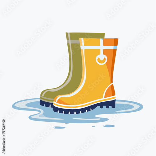 Colorful Rubber Boots Standing in a Puddle Ready for Rainy Weather Adventures