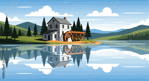 The charm of a historic watermill reflecting serenely on a calm lake, surrounded by lush green hills and towering pines under a peaceful blue sky