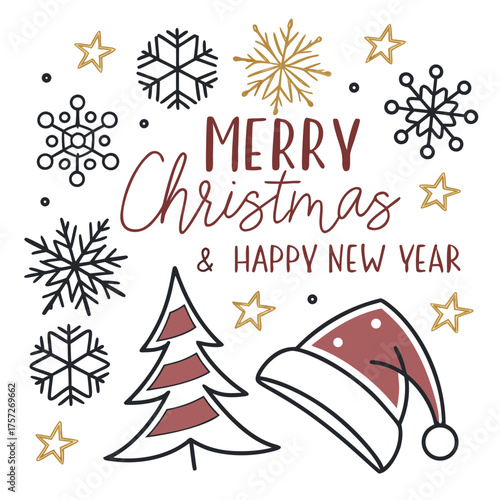 Festive merry christmas and happy new year vector illustration with snowflakes tree and santa hat