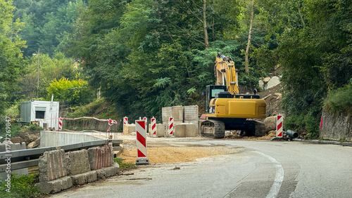 Foto Roadside digger amid lush foliage shapes paths anew, echoing earthy transformati