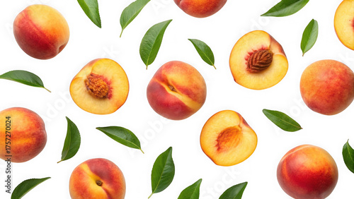 Fresh ripe peaches and green leaves isolated on transparent background