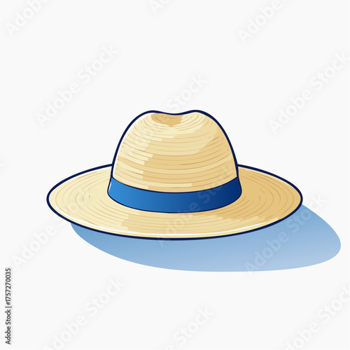 Elegant panama hat illustration with blue ribbon isolated on white background
