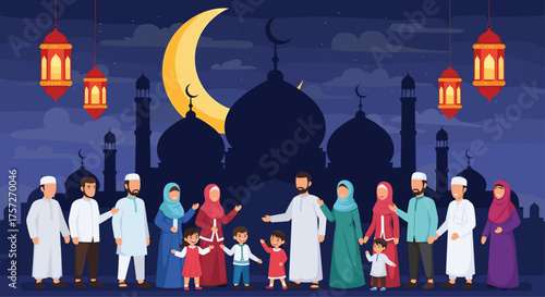 Celebrate Ramadan with this charming illustration of a Muslim family gathering under the moonlight, perfect for greetings, invitations, and festive promotions
