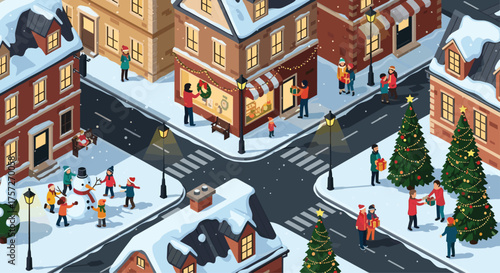 Festive winter village scene buzzing with the joy of the holidays, families exchanging gifts and building snowmen in a snowy isometric town square setting