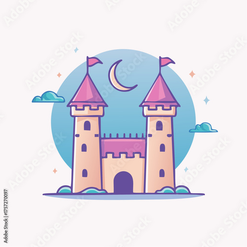 Enchanting fairytale castle illustration with moonlit backdrop and whimsical design