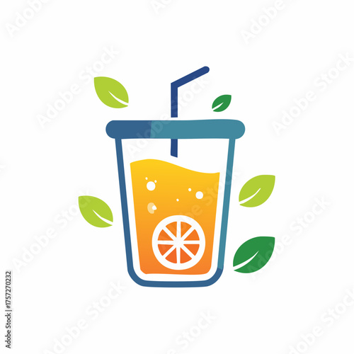 Fresh orange juice drink in glass with straw and garnish leaves vector illustration