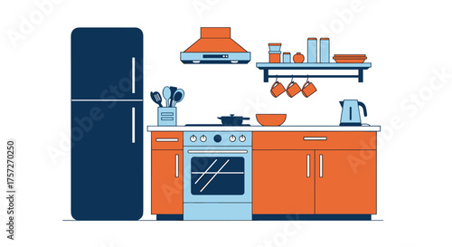Colorful kitchen illustration showing modern appliances and utensils for cooking, perfect for home decor design or kitchen remodeling projects inspiration
