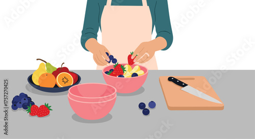 Fresh summer fruit salad preparation in a bright kitchen offers healthy eating and vibrant lifestyle inspiration for wellness and nutrition campaigns